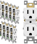 10 Pack Duplex Wall Outlet 15 Amp Electrical Receptacle White Durable Polycarbonate Thermoplastic Body With Impact Resistant Cover Great For Homes Apartments Condos And Commercial Settings In Offices Hotels And Restaurants. white 15A duplex receptacles, front and angled view