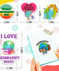 Geography Sticker Set With 200 Pieces And 100 Unique Designs For Teachers, Students, And Map Lovers depicting world-themed designs on notebook