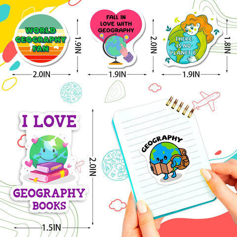Geography Sticker Set With 200 Pieces And 100 Unique Designs For Teachers, Students, And Map Lovers depicting world-themed designs on notebook