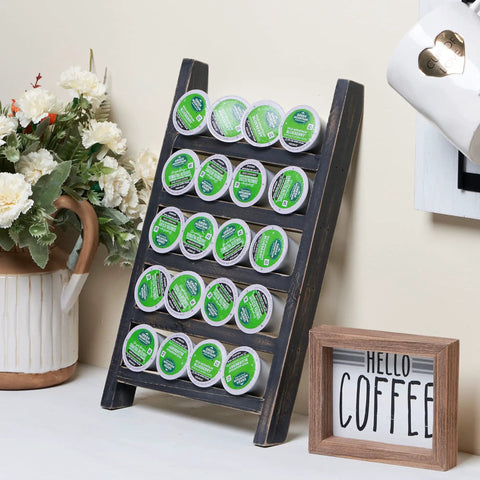 Countertop K Cup Holder For Your Dope Coffee Bar, Rustic Wood Pod Organizer, farmhouse style holding 20 pods, black storage.