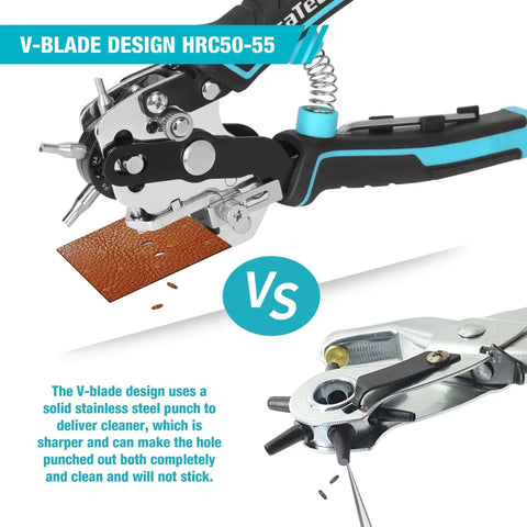 Beefy Heavy Duty Leather Hole Punch Set With Six Hole Sizes 2mm 2.5mm 3mm 3.5mm 4mm 4.5mm showing V-blade design on leather