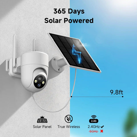 2K Solar Wireless Outdoor Security Cameras 2 Pack With 360 Degree Panoramic View Color Night Vision And Four Times Digital Zoom For Your Home Security Setup Works With 2.4GHz WiFi Only Weatherproof Outdoor Cameras installed on wall with solar panel.