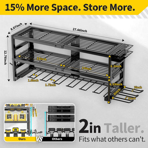Heavy Duty Wall Mount Power Tool Organizer With Three Layer Storage Rack Nine Drill Holders And Battery Storage That Can Handle Up To 320 Pounds For Your Garage Workshop And Tool Room Gotta Have It, dimensions shown.
