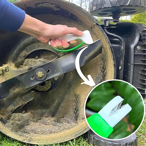 Using Portable Handheld Knife Sharpener With V Notch Edge Restorer on lawnmower blade