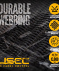 US Cargo Control durable webbing features and benefits, showing abrasion resistance, interlocking weaves, and 13,000 lbs strength.