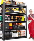 Beefy 5-Tier Wire Garage Shelving Unit With Adjustable Shelves, 2500 Lbs Capacity, Industrial Steel Storage Rack For Shop, Warehouse, Basement, Pantry And Garage Organization. Black steel 5-tier shelf with stored tools and tires
