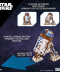 R2 D2 3D Wooden Puzzle Kit For Adults With Moving Parts And LED Projection Light, upright and tilted poses shown on space background.