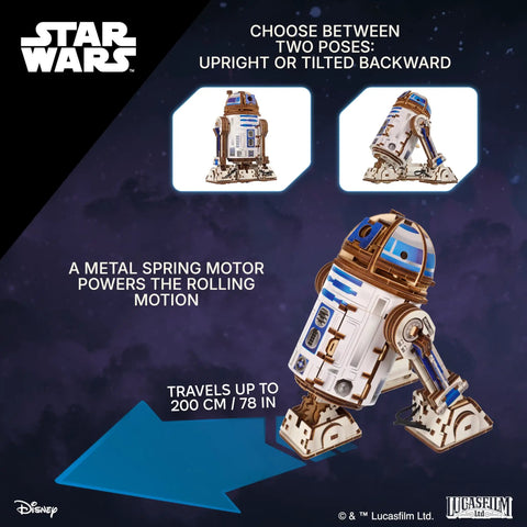 R2 D2 3D Wooden Puzzle Kit For Adults With Moving Parts And LED Projection Light, upright and tilted poses shown on space background.