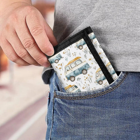 Trifold Wallet With ID Window And Card Holder Zipper Closure Lightweight Polyester Travel Ready shown in a jeans pocket