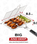 Shallow Grill Basket Set For Outdoor Grilling Stainless Steel Folding Portable BBQ Rack With Skewers Basting Brush And Carry Case Great For Fish Shrimp Vegetables Camping Tailgating And Family Cookouts with dimensions showing grilling chicken and asparagus.