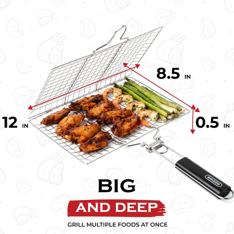 Shallow Grill Basket Set For Outdoor Grilling Stainless Steel Folding Portable BBQ Rack With Skewers Basting Brush And Carry Case Great For Fish Shrimp Vegetables Camping Tailgating And Family Cookouts with dimensions showing grilling chicken and asparagus.