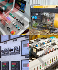 Collage showing control panel with 22mm NC Red Mushroom Emergency Stop Push Button Switch 600V 10A, industrial equipment, and generator.
