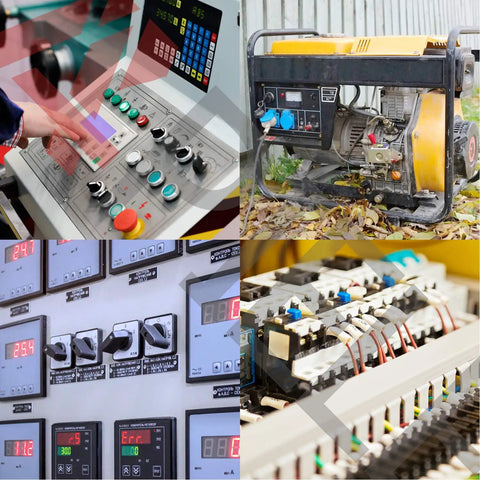 Collage showing control panel with 22mm NC Red Mushroom Emergency Stop Push Button Switch 600V 10A, industrial equipment, and generator.