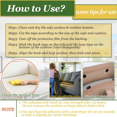 Instructions for using 4.3 Inch By 26.3 Feet Heavy Duty Adhesive Hook And Loop Tape For Couch Cushions, with step-by-step guide.