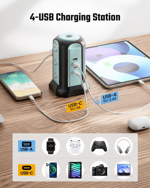 Power Strip Tower Surge Protector With 9 Outlets And 4 USB Ports, 10 Ft Extension Cord, Grounded 3-Prong shown in use on desk