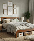 Rock Solid Queen Platform Bed Frame With Attached Brown Wood Headboard And Heavy Duty Pine Slats in a cozy bedroom setup.