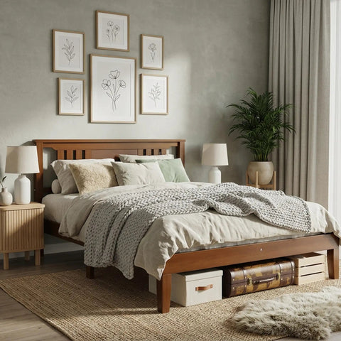 Rock Solid Queen Platform Bed Frame With Attached Brown Wood Headboard And Heavy Duty Pine Slats in a cozy bedroom setup.