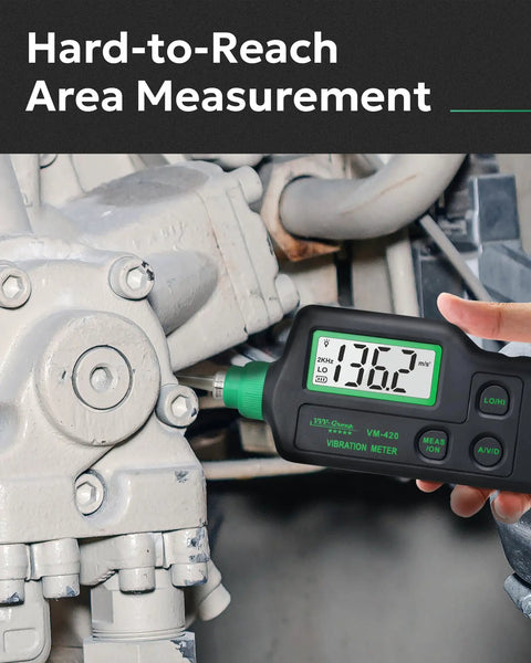 VM-420 Handheld Industrial Vibration Meter measuring motor vibrations in tight space