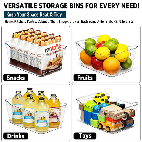 Straight Up Kitchen Pantry Game Changer This Twelve Pack Of Clear Plastic Storage Bins And Bold Black Labels for organizing snacks, fruits, drinks, and toys.