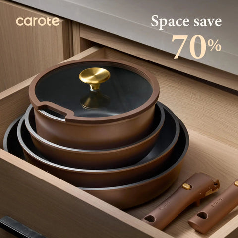 21 Piece Nonstick Pots And Pans Set With Removable Handles For Easy Storage Induction Compatible, nested in a drawer.