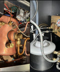 Brass compression ferrules installed on copper piping (5/8 in OD) with stainless steel fittings for HVAC/plumbing.