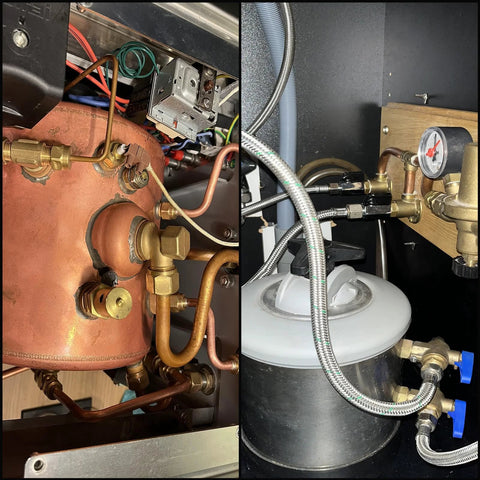 Brass compression ferrules installed on copper piping (5/8 in OD) with stainless steel fittings for HVAC/plumbing.