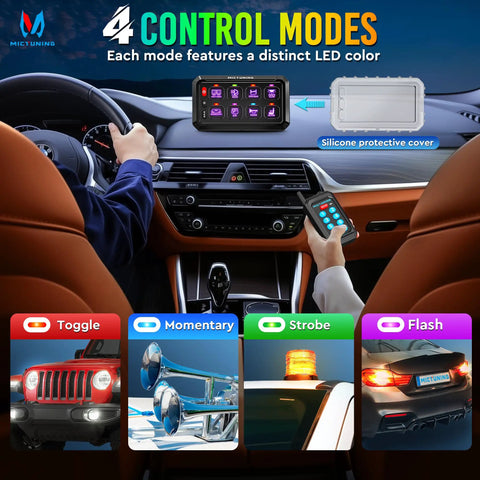 RGB 8 Gang Dual Control Switch Panel With RF Remote 230Ft Range Backlit installed in car showing controls with silicone cover