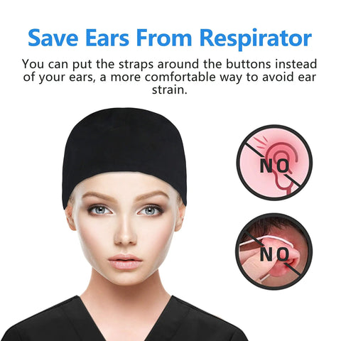 Person wearing Adjustable Satin Lined Working Cap With Button, Cotton Sweatband Hat with ear-saving feature for comfort.
