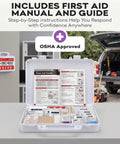 OSHA Compliant First Aid Kit For 10 Person Type III ANSI Class A 111 Piece Emergency Kit open with manual visible on table.