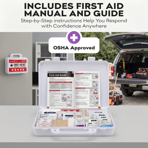OSHA Compliant First Aid Kit For 10 Person Type III ANSI Class A 111 Piece Emergency Kit open with manual visible on table.