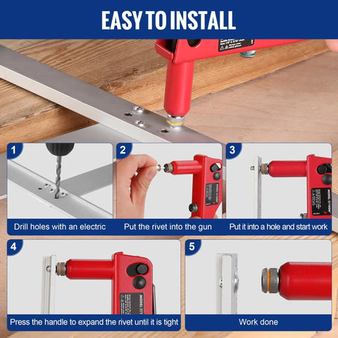 Heavy Duty Aluminum Blind Rivets 200Pc 3/16 X 1/2 Pop Rivet Assortment used with a red rivet gun for easy installation steps.