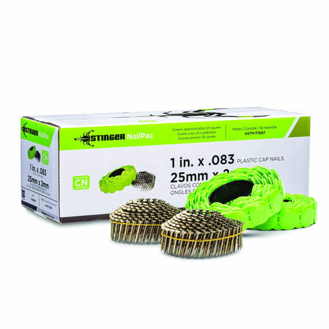 One Inch Electro Galvanized Ring Shank Cap Nails With Tough Plastic Collated Heads For Dead Nuts Underlayment Grip On Outdoor Decks Fits Cn100b And Cn100 Cap Nailers Flawlessly in packaging with plastic cap reels.