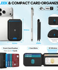 Genuine Leather Magnetic Wallet for MagSafe with Stand, 6 Card Slots, RFID Blocking, shown on iPhone with layout and dimensions.