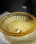 USZWBY Bathroom Vessel Sink Vanity Tempered Glass Vessel Bowl Sink Round luxury gold sink with textured surface and pop up drain.