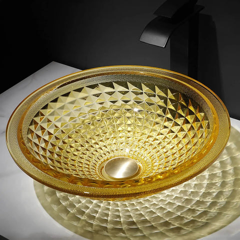 USZWBY Bathroom Vessel Sink Vanity Tempered Glass Vessel Bowl Sink Round luxury gold sink with textured surface and pop up drain.