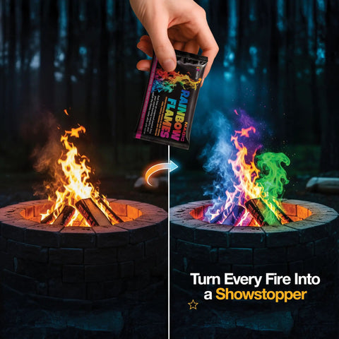 Ultimate Campfire Fun Kit With Color Changing Flame Packs shown in use on a campfire with vibrant colorful flames.