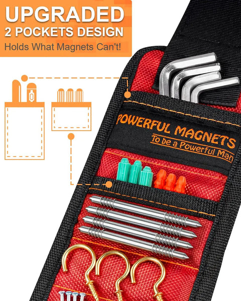 Magnetic Wristband For Men Tools Holder with pockets, showing screws and hooks, made of 1680D ballistic polyester.