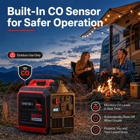 Gas Powered Portable Inverter Generator 3800W Quiet Run With CO Sensor in camping setting with people and RV at dusk.