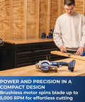 20V Ionic Drive 4 1/2 Inch Circular Saw Bare Tool Pro Grade Power with brushless motor on a workbench in a workshop