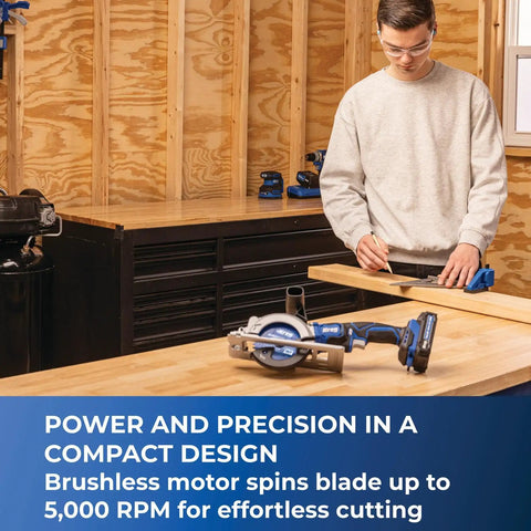 20V Ionic Drive 4 1/2 Inch Circular Saw Bare Tool Pro Grade Power with brushless motor on a workbench in a workshop