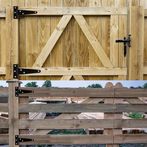 Wooden gate with Two Pack Zinc Alloy Hinges For Cabinets And Jewelry Boxes, Retro Iron Hardware, 10 Inch, installed on barn doors