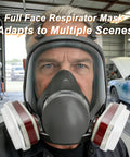 Person wearing Dope Pro Grade Full Face Respirator Mask With Replaceable Filters For Painting in a garage setting