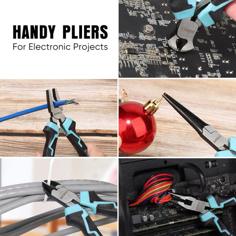 Mini Pliers Set Six Piece Everyday Hand Tool Kit With Needle Nose Long Nose Bent Nose Diagonal End Cutting And Linesman Pliers Plus Compact Portable Pouch For Crafts Electronics Jewelry Repair And DIY Projects, black and blue pliers on circuit board