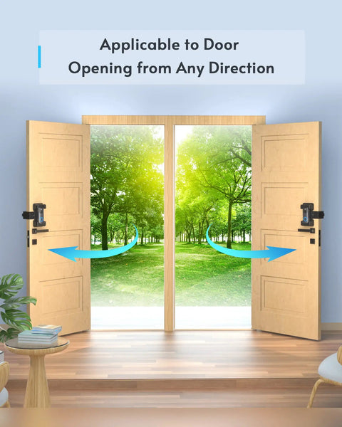 Open double doors with adjustable anti theft video doorbell mount illustrating compatibility for door opening in various directions.