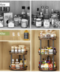 Wooden Ten Inch Lazy Susan Spice Rack Organizer Two Tier For Cabinet and Countertop with condiments arranged before and after view.