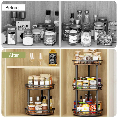 Wooden Ten Inch Lazy Susan Spice Rack Organizer Two Tier For Cabinet and Countertop with condiments arranged before and after view.