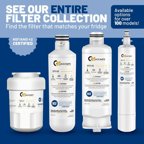Assorted certified refrigerator water filters for various models, NSF/ANSI 42 certified, with labels visible.