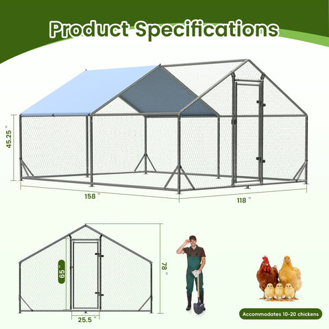 Diagram of Heavy Duty Walk In Chicken Coop With Peak Roof And Waterproof Cover 13 By 9.8 By 6.4 Feet Poultry Enclosure with specifications