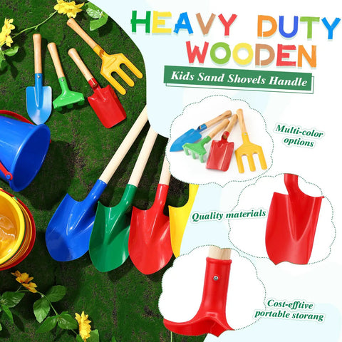 12 Piece Kids Beach Toy Set With Colorful Buckets Shovels Rakes Forks Trowels And Wooden Handle Garden Tools On Grass