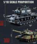 1 18 Scale KV1 RC Tank With Smoke Lights And Sound 2.4GHz Remote Battle Ready Army Toy For Adults And Kids shown with scale dimensions.
